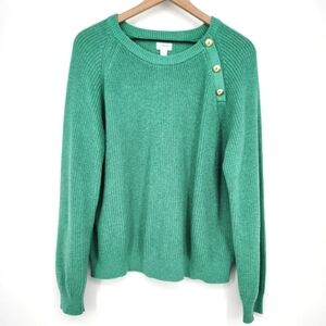 J.Crew Factory Womens Button Raglan Crewneck Sweater Size L Kelly Green Preppy